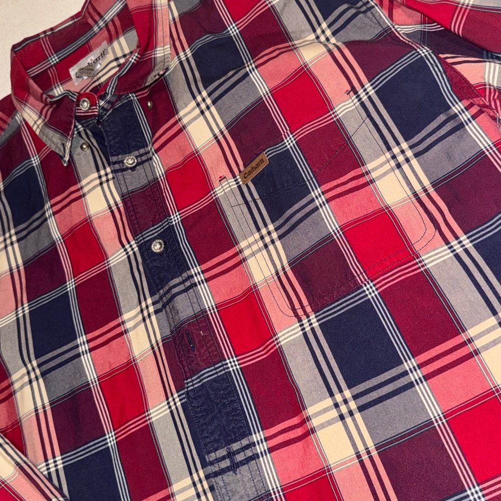 Carhartt Mens 2XL Red Navy Plaid Long Sleeve Button Down Cotton Shirt Fall 2009
